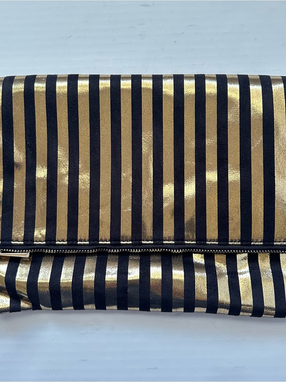 Asos Metallic Gold and Black Striped Oversized Foldover Clutch Purse Bag